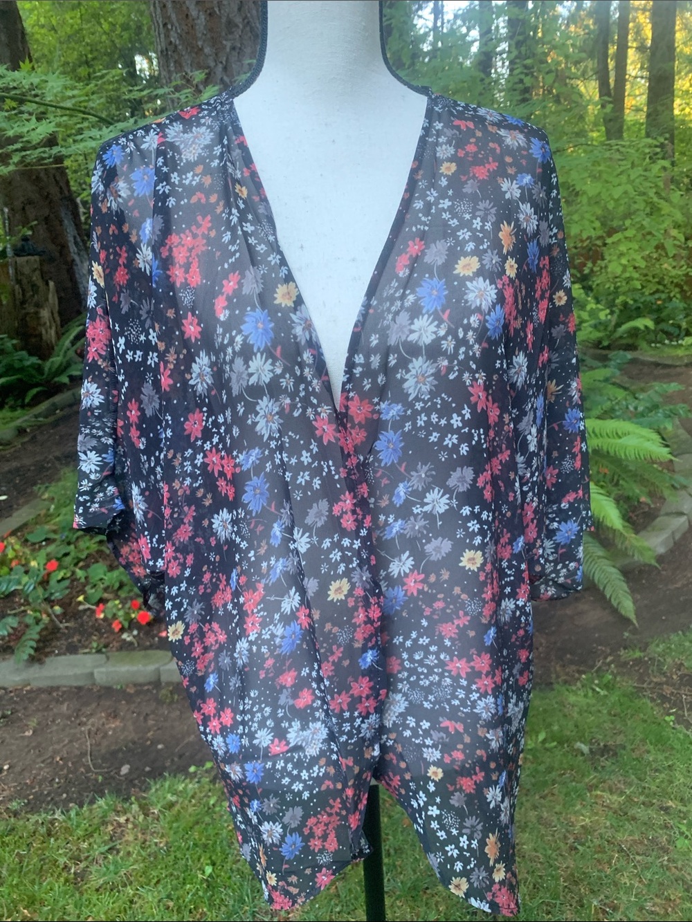 Sheer Floral Wrap Shirt Kimono- Black with Multicolor Flowers